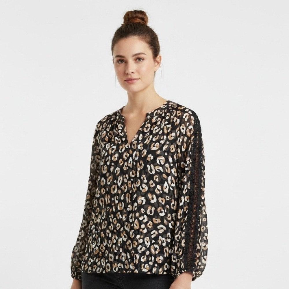 Zac & Rachel Leopard Print Lace Sleeve Blouse Black Tan Small ST81WE97S